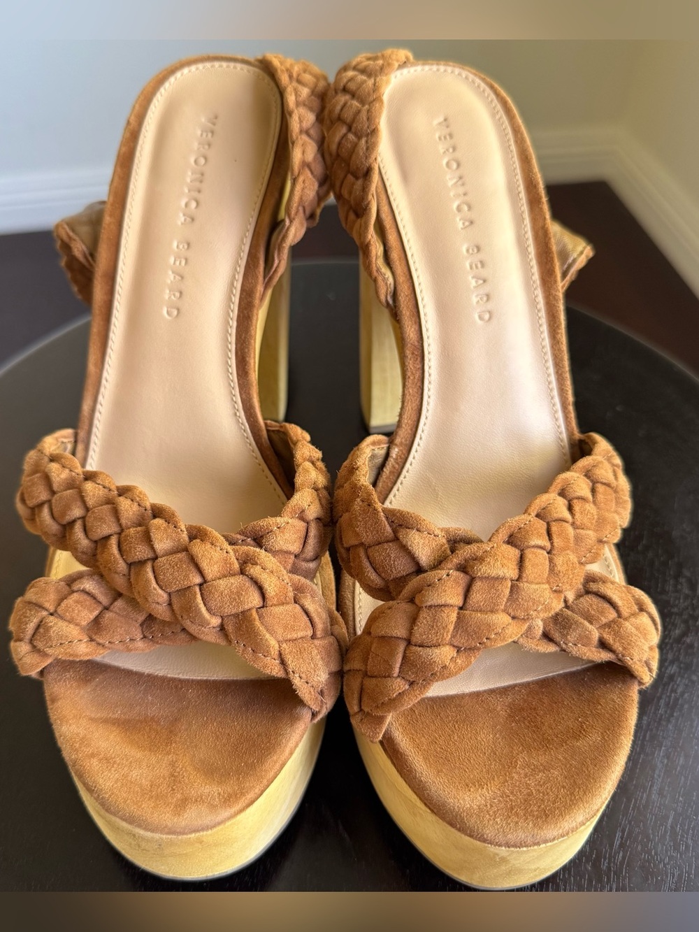 Veronica Beard Gael Suede Braided Ankle-Strap Platform Sandals Size 8M Preowned
